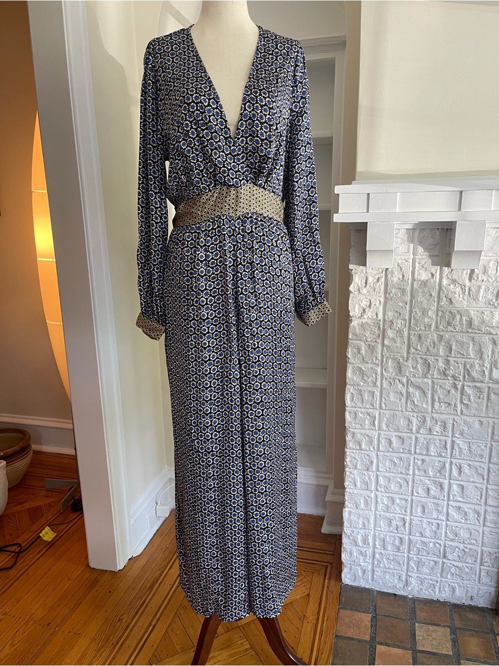 Zara Plunging V-Neck Wide Leg Jumpsuit Blue Print